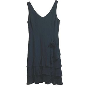 Ann Taylor Loft Sleeveless Black Dress Drop Waist Tiered Hem Flower Detail